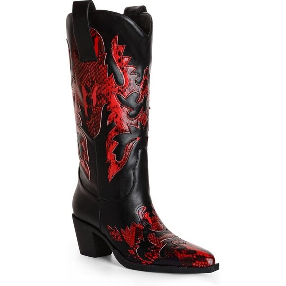 Shoes - Women's Black Red Mid Calf Knee High Pointed Toe Dressy Cowgirl Western Boots